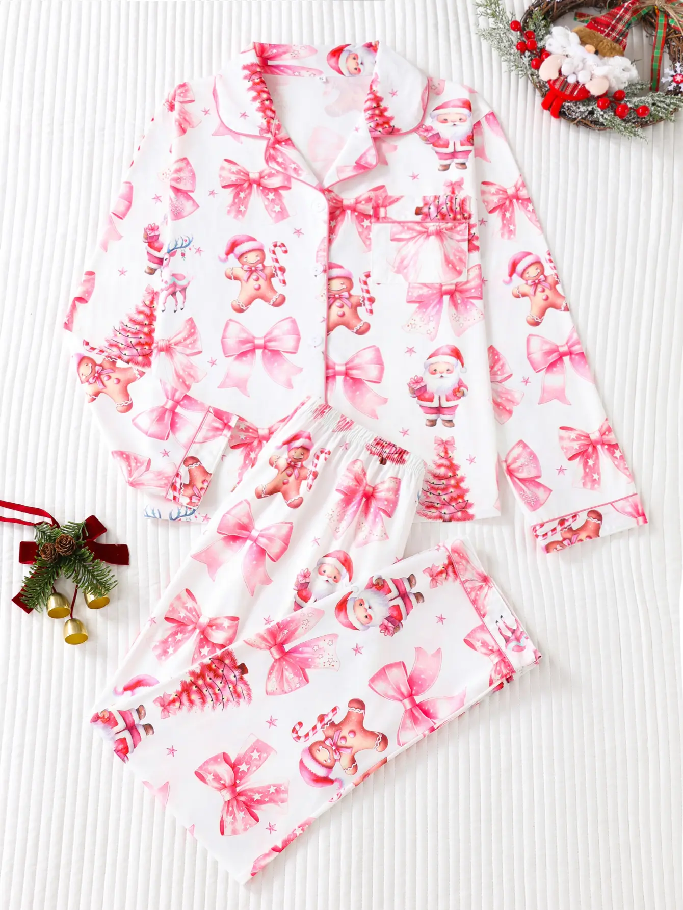 【Clearance Sale】Women's 2-Piece Split Long-Sleeve Pajama Set - Button-Down Christmas Loungewear with Santa Claus & Snowman Design, Fitted Nightwear, Ideal for Holiday Wear