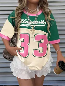 ✨ Viral Y2K Color Block 33 Graphic Tee - Oversized Retro Varsity Top, Comfy & Breathable, Preppy Streetwear Vibe, Perfect for Back to School, Casual Outings & TikTok Fits!
