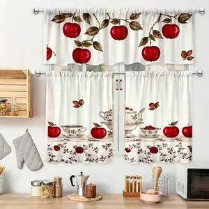 1pc/2pcs Valance Curtains, Elegant Red Apples And Floral Teapot Patterns Print Window Treatment - Rod Pocket Design For Easy Hanging, Perfect For Kitchen, Living Room, Bedroom, Bathroom