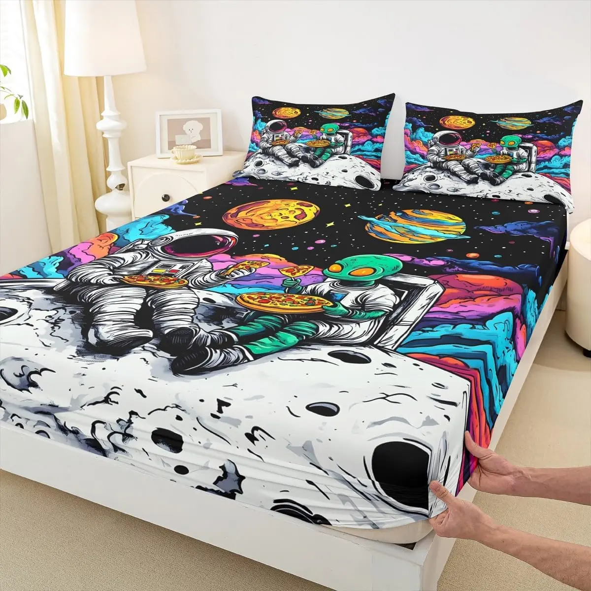 Funny Space Astronaut Alien Fitted Sheet,Trippy Universe Planet Bedding Set,Psychedelic Galaxy Bed Cover Room Decor,Soft Bedding(No Flat)