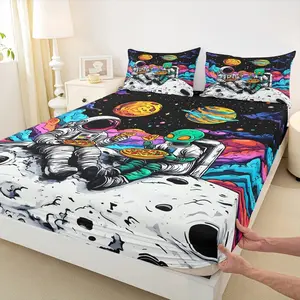 Funny Space Astronaut Alien Fitted Sheet,Trippy Universe Planet Bedding Set,Psychedelic Galaxy Bed Cover Room Decor,Soft Bedding(No Flat)