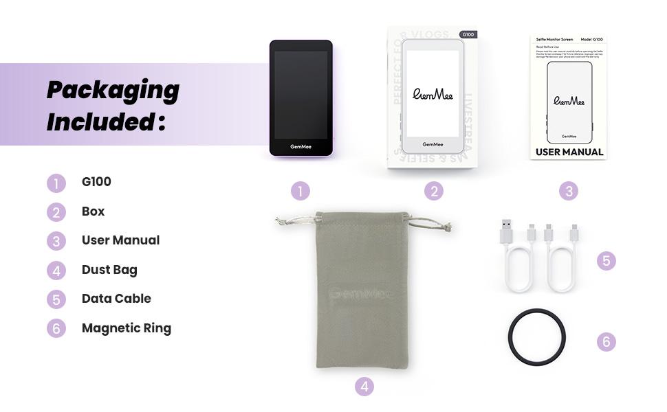 GemMee G100 4K Magnetic Vlog Monitor 3.97 Inch HD Screen 3000mAh Battery portable monitor iPhone Android Smartphone Selfie Recording Display for Vloggers Phone Accessories Magnetic Phone Vlog Selfie Monitor Screen filmmaking gear vlogging accessories