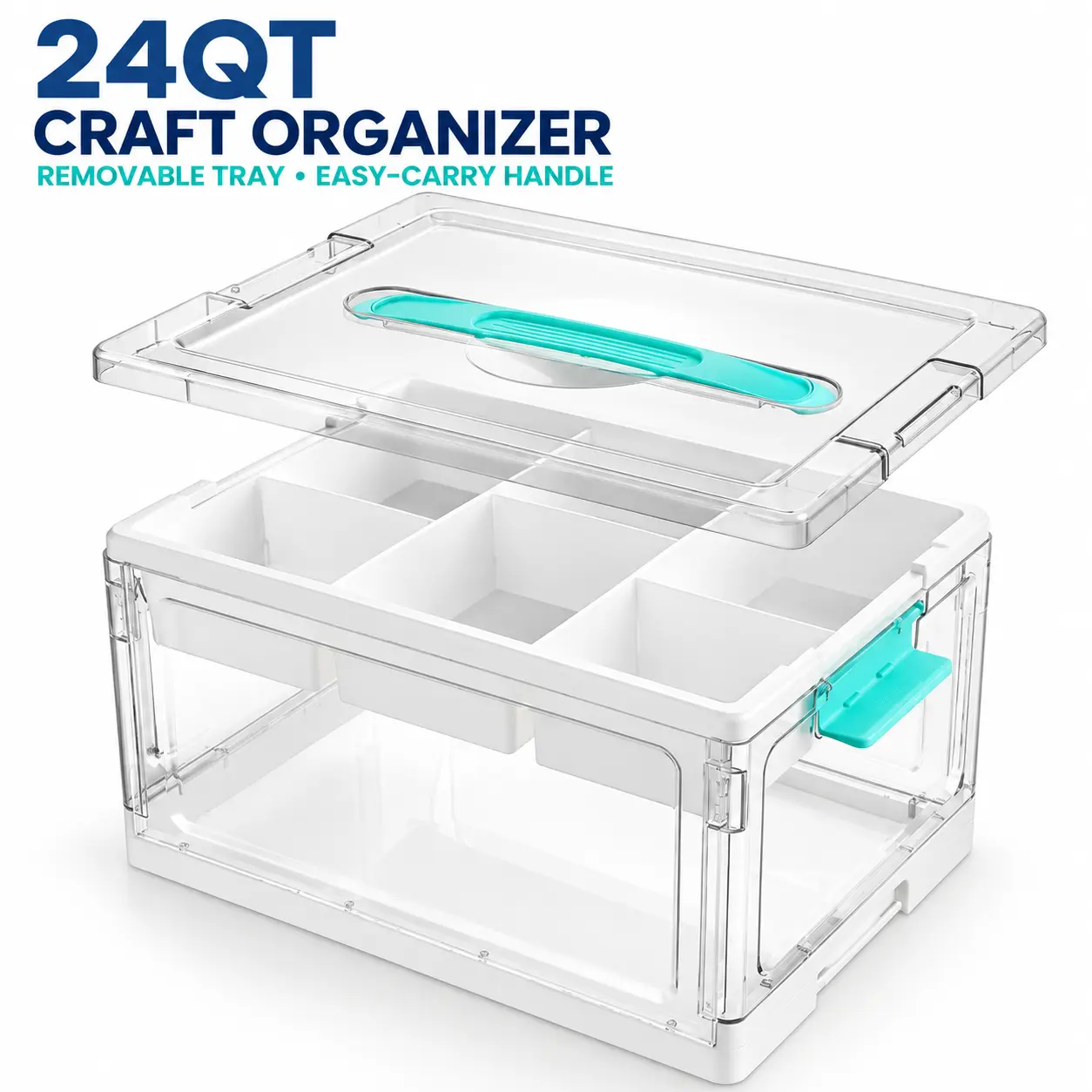 24QT Clear Craft Storage Organizer with Carry Handle & Secure Clasp, Foldable Portable Art Supply Box with Removable Tray or 6 Detachable Inserts for Markers, Sewing, Hair Accessories, Toys & Playdough