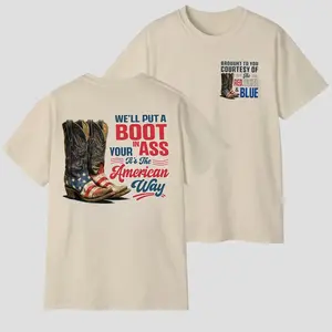 Courtesy of the Red White and Blue T-Shirt/Sweatshirt/Hoodie, Patriotic Cowboy Boots Front and Back Print Shirt, American Way Graphic Tee for Men and Women