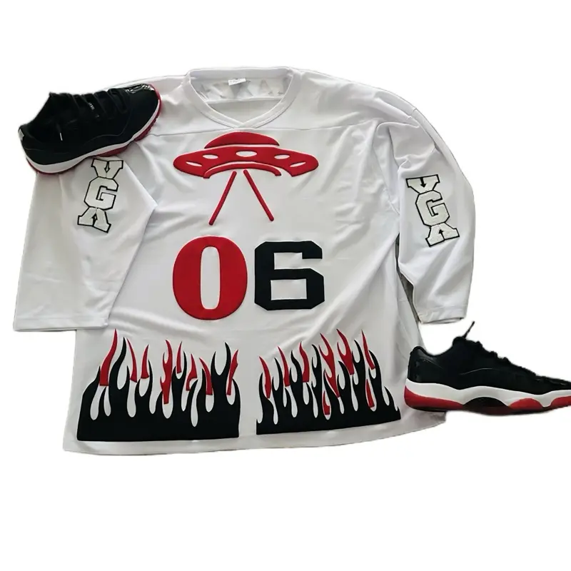 Galaxy X Hockey Jersey with UFO Design and Number 06 White Shirt Featuring Flame Pattern