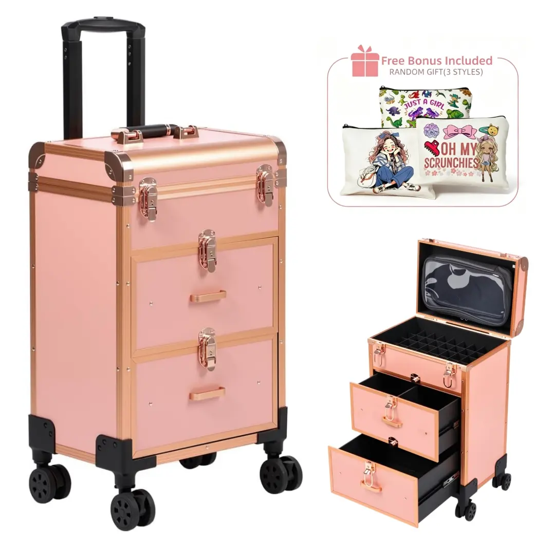 KEEYOTEK Rose Gold Large Aluminum Rectangular Vintage Rolling Makeup Trolley Case - Multiple-Layers with Drawers, Mobile Vanity Cosmetic Carrier with Wheels, Home Organizer for Artists，Free Random Makeup Storage Bag As Gift