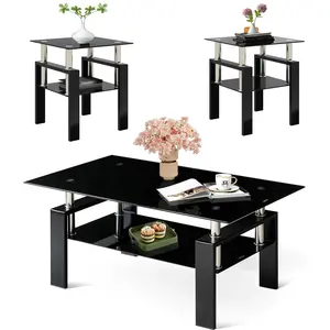 Glass Coffee Table Set, 3 Piece Living Room Table Set, Glass Coffee Table and End Table Set of 3, Rectangle Coffee Table Set with Tempered Glass & Metal Legs for Livingroom Table, Bedroom Nightstand