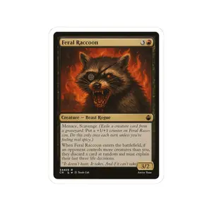Feral Raccoon Magic Card Sticker  Funny MTG-Inspired Kiss Cut Sticker Trash Cult Creature Card Chaotic Beast Rogue