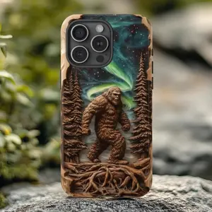 Bigfoot Phone Case| Wood Carving Fantasy| Sasquatch Forest Art with Northern Lights Phone Case, suitable for 17 16 15 14 13 12 11 X Promax Plus - S25 S24 S23 S22 S21 Ultra, simple and stylish shockproof protective cover