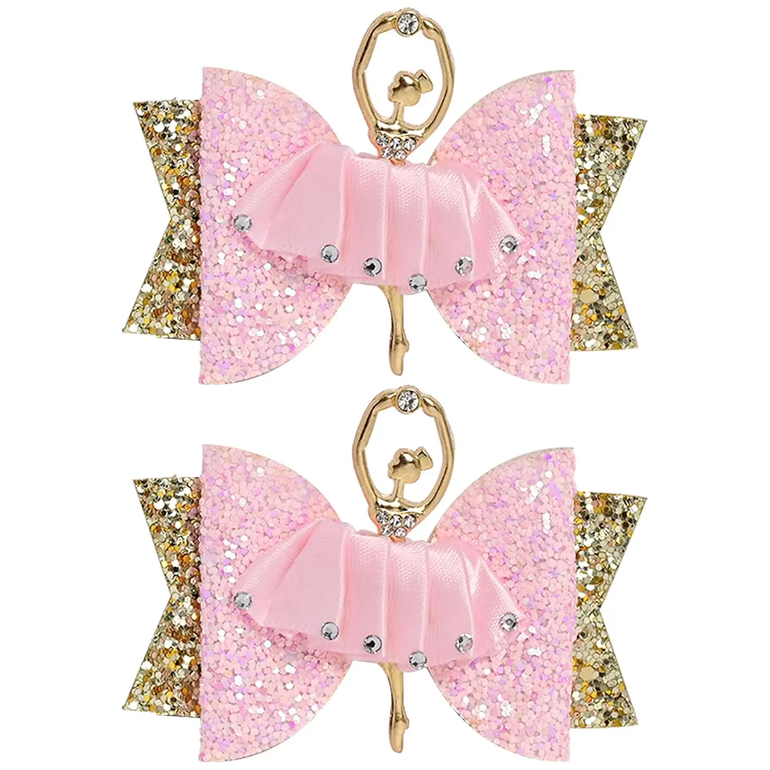 Glitter Ballet Hair Bows Pink Ballet Accessories for Girls, Glitter Rhinestone Ballet Hair Bow Clips Bling Sequin Bows for Cheer & Dance