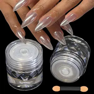 5Pcs White Pearl Chrome Nail Powder with Brush, Aurora Powder Super Glossy Mirror Effect Chrome Nail Powder, Holographic Iridescent Pearlescent Glitter Nail Pigment Powder for Nails, DIY Nail Art Decorations