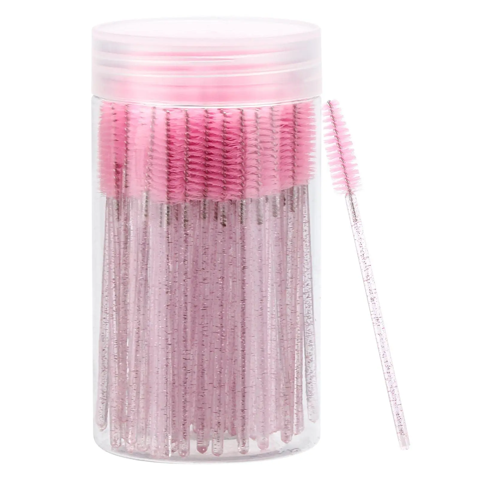 100 Pcs Disposable Cosmetic Brush Set - Smoothing Mascara Wands, Crystal Eyebrow Spoolies for Eyelash Extensions, Pink Lash Brushes with Cleansing & Storage Container, Eyelash Separator Tool
