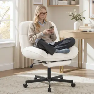 Criss Cross Chair with Foot Rest, Thick Cushioned Cross Legged Office Chair, Sherpa Swivel Vanity Chair, Comfy Height Adjustable Computer Office Desk Chairs for Home Office,Vanity