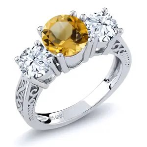 Gem Stone King 2.80 Cttw Round Yellow Citrine 3-Stone Ring for Women | 925 Sterling Silver | Round 7MM and 5MM | Three Stone Wedding Engagement Anniversary Promise Ring For Women