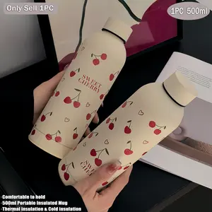 500ML Cherry Heart Pattern Stainless Steel Insulated Cup, Vacuum Bottle with Lid, Thermal Bottle, Travel Coffee Mug, Gift for Holidays