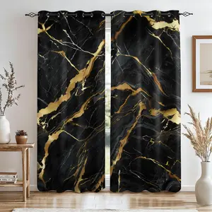 Black Gold Marble Texture Luxury Blackout Curtains Set, 2 Pieces, No-Hole Ring Design, Washable Fabric, Bedroom Living Room Office Heat Insulation, UV Protection, Multifunctional Home Decor