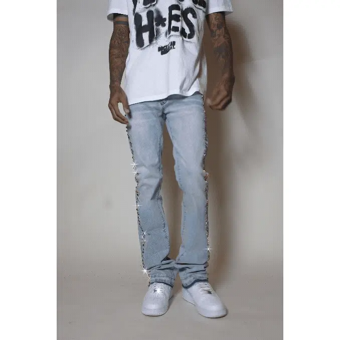 Ozi Rhinestone Light Blue Stacked Flare Jean