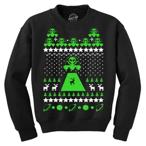 Unisex Alien Abduction Ugly Christmas Sweater Crew Neck Sweatshirt Funny Sweater Christmas Crew Neck Funny Knit Pattern Long Sleeve Crew Novelty Sweatshirts for Men Black