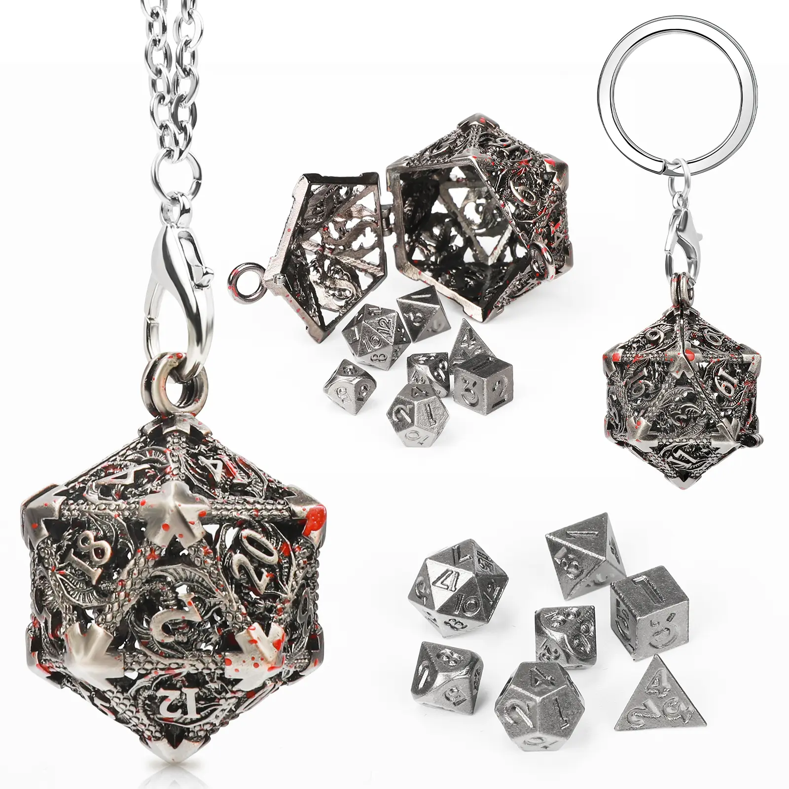 Mini DND Dice Metal 7 Set Mini Dice Necklace, D20 Necklace and Keychain Portable and Dragon Eye Bag for Dungeons & Dragons Dice(red), Valentines Day Gifts for Her Him