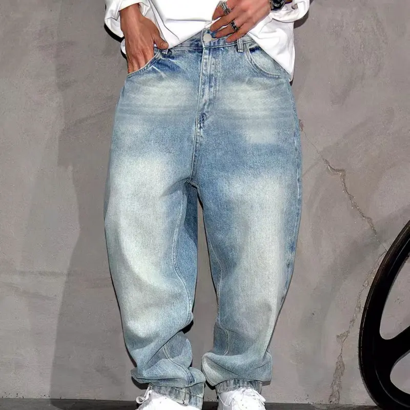 New Men's Simple Style Solid Straight Loose Jeans Trousers Streetwear Jogging Casual Denim Pants for Men's Beige Plain Pocket Menswear Deals For You