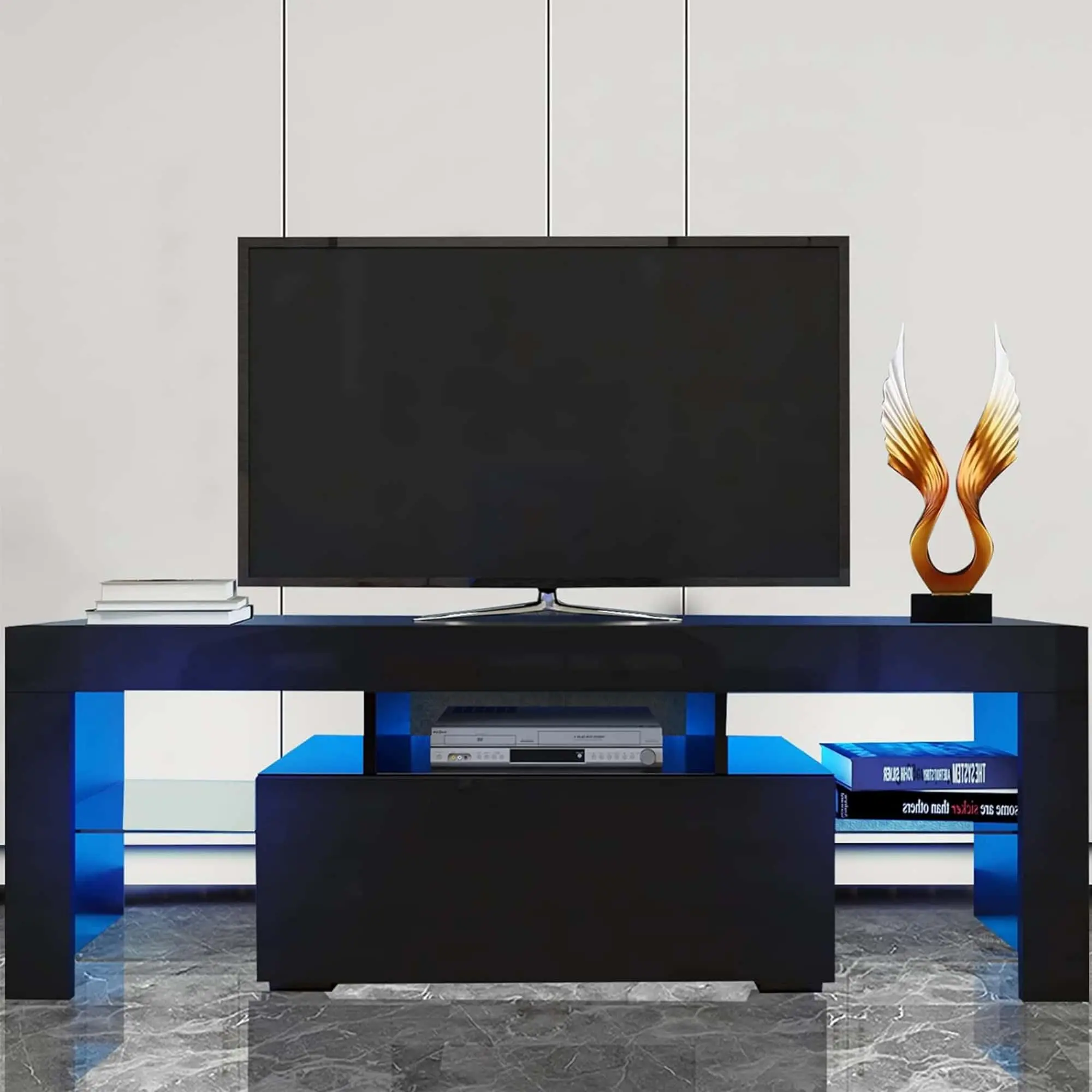 Minimalist Multifunctional LED TV Stand, 51" High-Gloss UV Front Console Cabinet for 55" TVs, Remote-Controlled 16-Color 4-Mode Lighting, Down-Flip Door with Glass Shelf, Minimalist Tv Stand