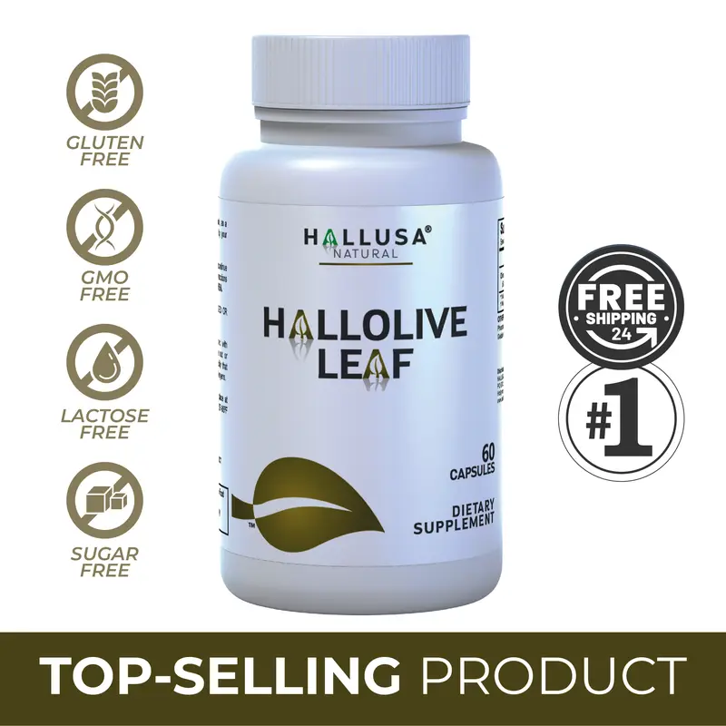 Hallusa Natural Organic Gluten-Free Olive Leaf Dietary Supplement - 60 Capsules - Immune Support - Triglycerides & Cholesterol Management - Antioxidant Benefits, Edible