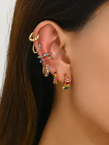High-Quality Colorful Zircon Decorated Hoop Earrings set , Luxury Full Rhinestone Hanger Earring Set, Exquisite Fashionable Women's Ear Cuffs, Versatile Jewelry for Daily Wear & Party, Trendy Style Accessory for Girls, Good Gift Idea