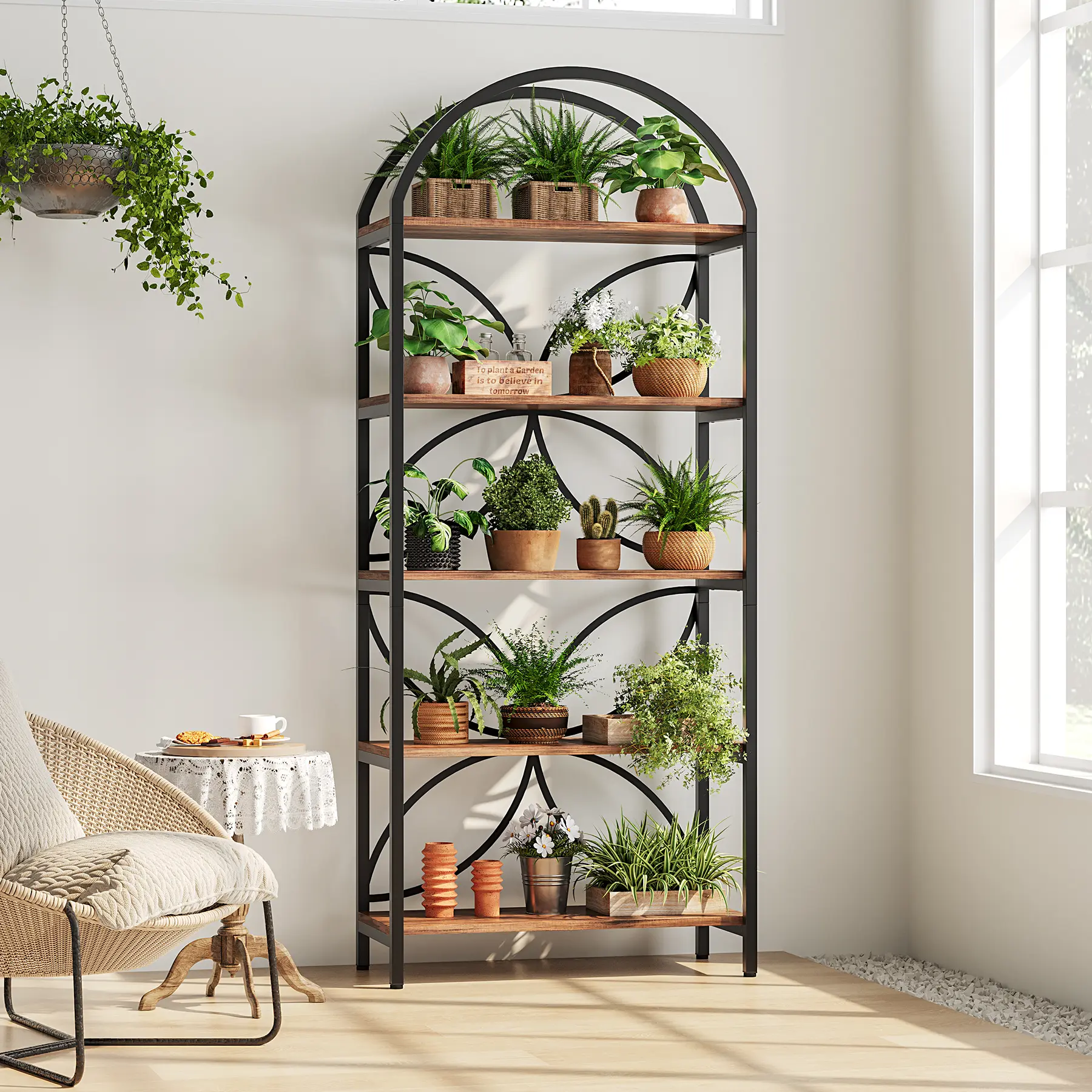 Tribesigns 5-Tier Bookshelf, Tall Arched Bookcase Shelf Storage Organizer, Industrial Book Rack with Metal Frame, Rustic Brown