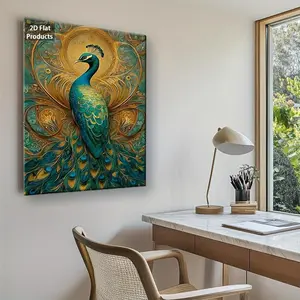 2D Flat, 1pc Framed Peacock Wall Art with Golden Tail Feathers - Vibrant Green Golden Turquoise Canvas Painting, Vintage Art Deco Home Decor for Living Room, Bedroom, Hallway - Indoor/Outdoor Gallery-Wrapped Framed Print, Elegant Statement Piece for	
