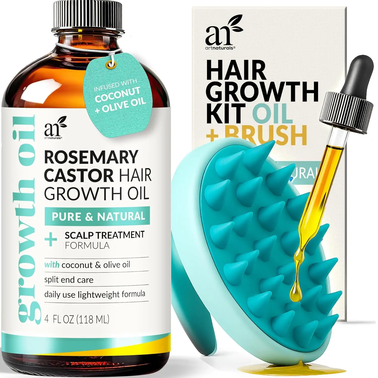 Organic Rosemary Castor Hair Oil & Massager Set, 4 oz with Coconut & Olive Oil, Targets Dry, Damaged Hair & Split Ends, Boosts Stronger, Fuller Locks, Castor Oil