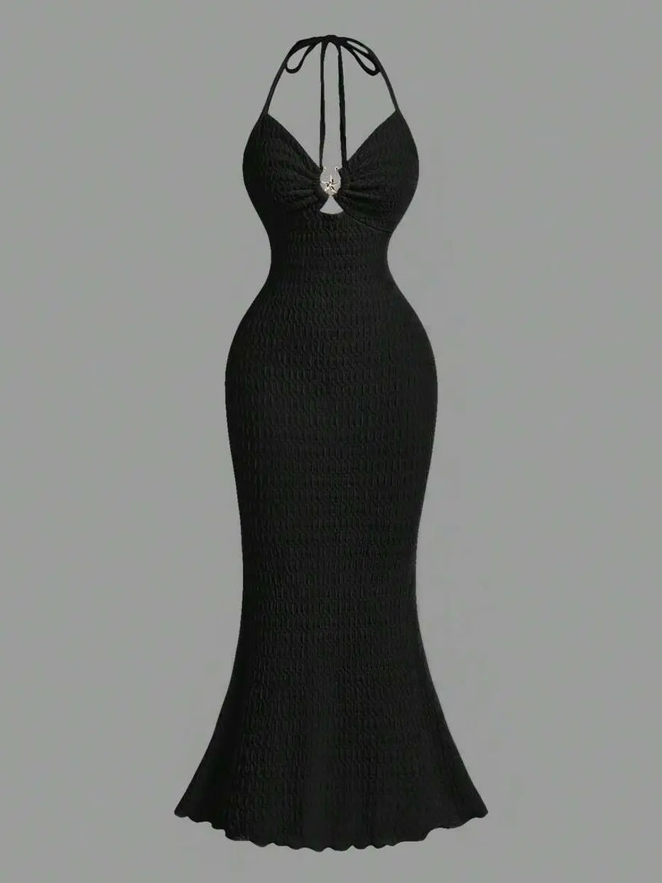 V-Neck Fish Tail Maxi Dress, Halter Backless Elegant Wedding Guest Graduation Gown