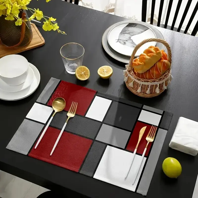 2D flat printing, 2-piece/4-piece 6-piece set, luxury placemat set - bright red abstract geometric pattern design, desktop decoration, suitable for holiday party decoration, coffee table decoration, kitchen table and room decoration accessories, Coasters