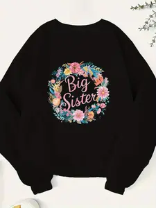 Women's oversized flower garland and big sister pattern sweatshirt - black round neck long sleeve pullover, soft pink and turquoise, comfortable autumn and winter top suitable for sisters