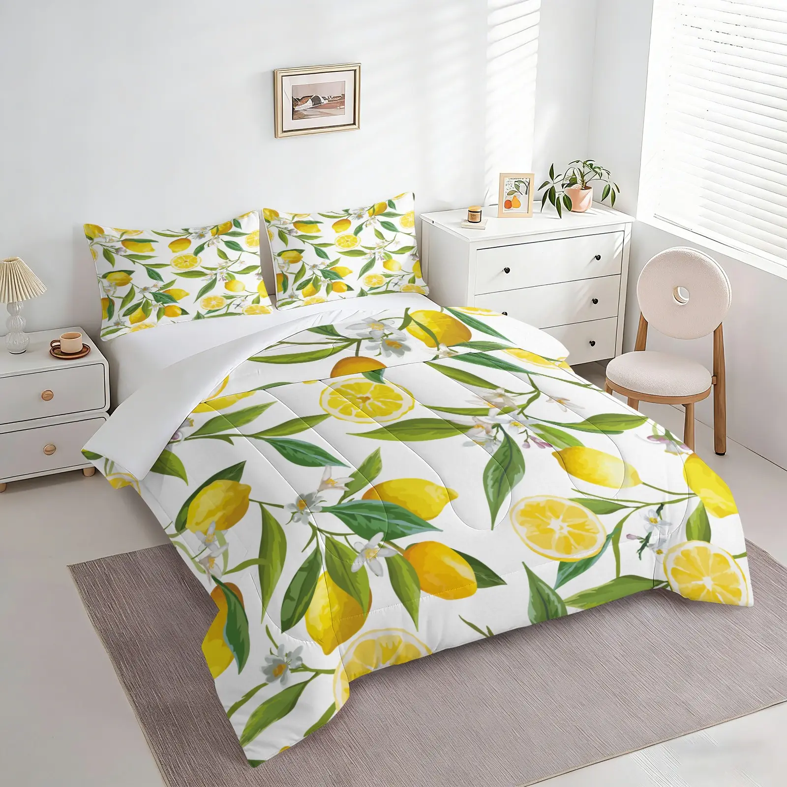 2/3Pcs Lemon Floral Print Comforter Set, Fresh Yellow Lemon Quilt, Botanical Bedding Set with Pillowcases, Soft Lightweight Comforter for Kids Girls Tropical Fruit the Bedroom, Summer Farmhouse Decor