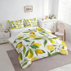 2/3Pcs Lemon Floral Print Comforter Set, Fresh Yellow Lemon Quilt, Botanical Bedding Set with Pillowcases, Soft Lightweight Comforter for Kids Girls Tropical Fruit the Bedroom, Summer Farmhouse Decor