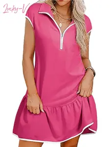 Chvity Women Colorblock Dresses with Pockets Fashion Casual Cap Sleeve Half Zip Mini Dress