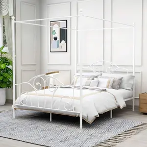 Four-Poster Metal Canopy Bed Frame With Headboard And Footboard Sturdy Slatted Structure No Box Spring Needed
