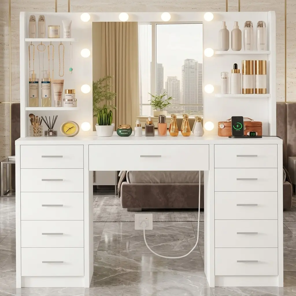 White Large Minimalist Modern Makeup Vanity Desk with LED Style Lighted Mirror - MDF Board, 3 Adjustable Light Modes, Dimmable Brightness, 11 Storage Drawers, 6 Open Shelves, Wall Mount Option for Girls' Bedroom Indoor Furniture