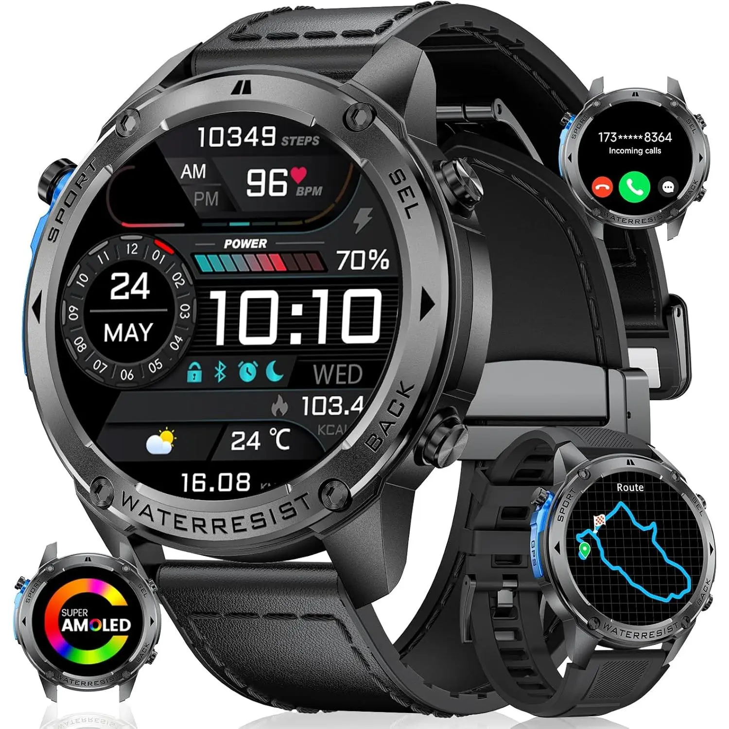 Multifunctional Sports Smart Watch - 1.43'' Touchscreen Digital Wearable Device, IP68 Waterproof Dustproof for Swimming, 170+ Sport Modes, Bluetooth Calling, Audio, Pedometer, Calorie Monitoring for Camping, Climbing, Android Users