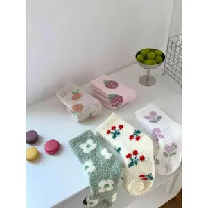 5 Pairs of Women's Fuzzy Coral Velvet Cherry Print Sleep Socks!