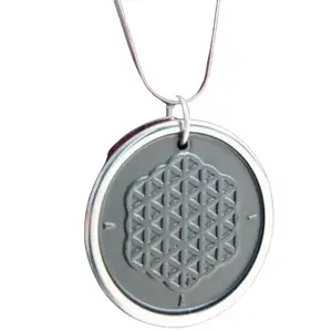Silver Plated Double Sided Protection Medallion Necklace - 27 Minerals and Shungite, Silver Plating, Pendant with Geometric Design