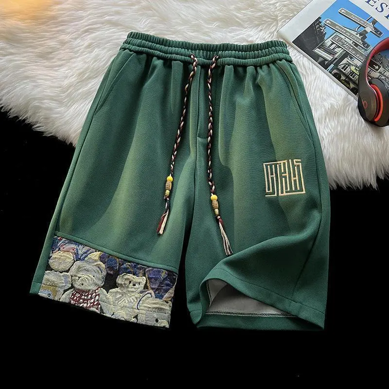 Breathable Men's Summer Shorts Bear Patchwork Trendy Sports Casual Loose Five-Point Shorts Menswear Tropical