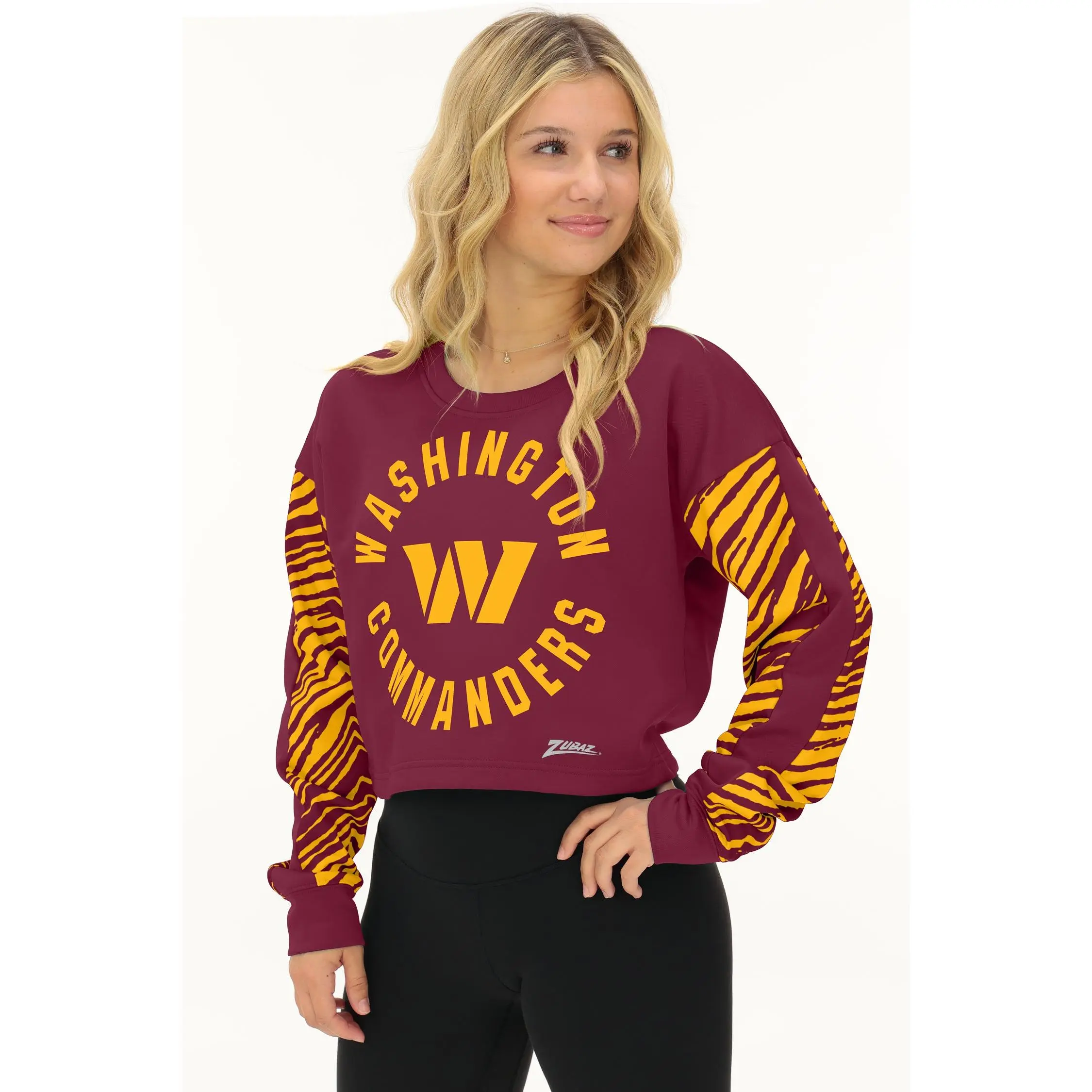Zubaz NFL   Women's Overtime 2 Color Zebra Crop Top Crewneck, WASHINGTON COMMANDERS