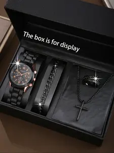 4pcs Fashion Quartz Watch Set, Holiday Set, Necklace Bracelet Ring Jewelry Gift for Men Women, Halloween Thanksgiving Christmas Birthday Party