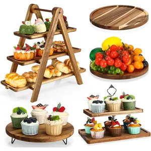 5 count Wooden Dessert Table Display Set, Farmhouse 2 Tier Cupcake Stand 3 Tier  Cake Tower Round Serving Tray  Platter for  Party Wedding Farmhouse Decoration