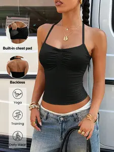 Women's Slim Fit Yoga Halter Top, Thin Strap Design, Pure Color Ruched Detail, Elastic Breathable Comfort, Ideal for Running and Pilates, Yoga Workout Activewear, Athletic Yoga Tops