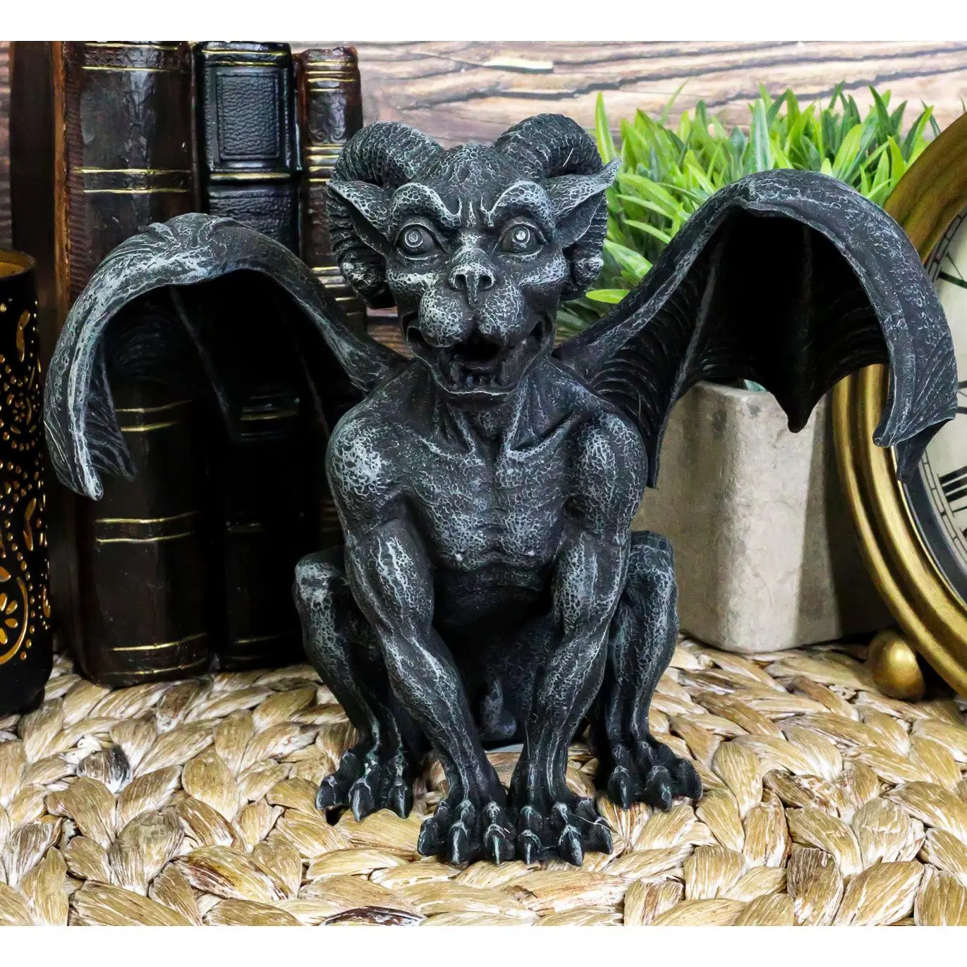 Ebros Gothic Crouching Ram-Horned Gargoyle Figurine - Faux Stone Finish Resin Statue, 6.25in Tall, 1.5 lbs Home Decor for Gifting, 1.5 Pounds