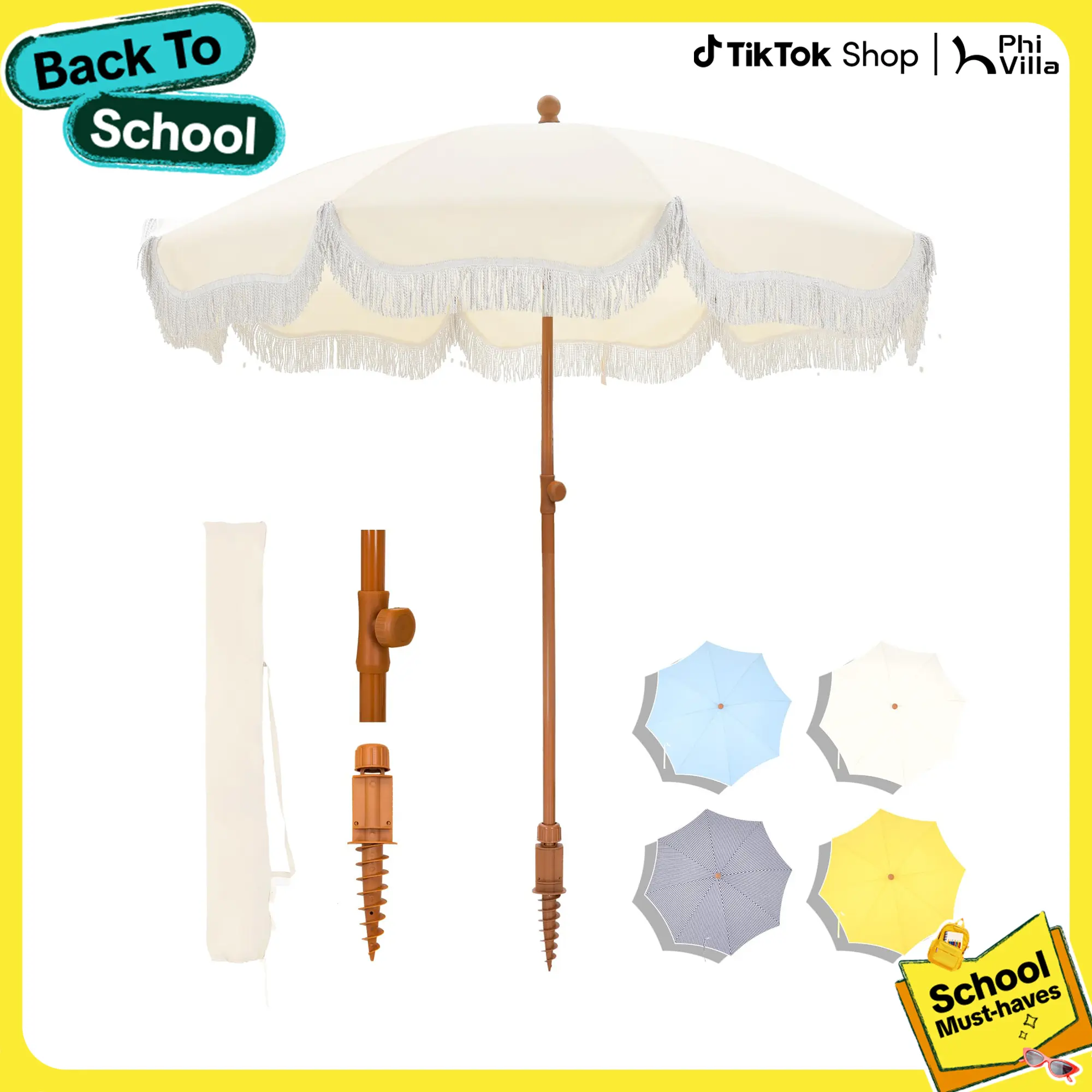 PHIVILLA 7ft Patio Beach Umbrella with Fringe, UPF 50+ Canopy, 8 High Wind Proof Fiberglass Ribs, Fully Assembled, Carry Bag Available Outdoor Aesthetic Round,TikTokShopBackToSchool