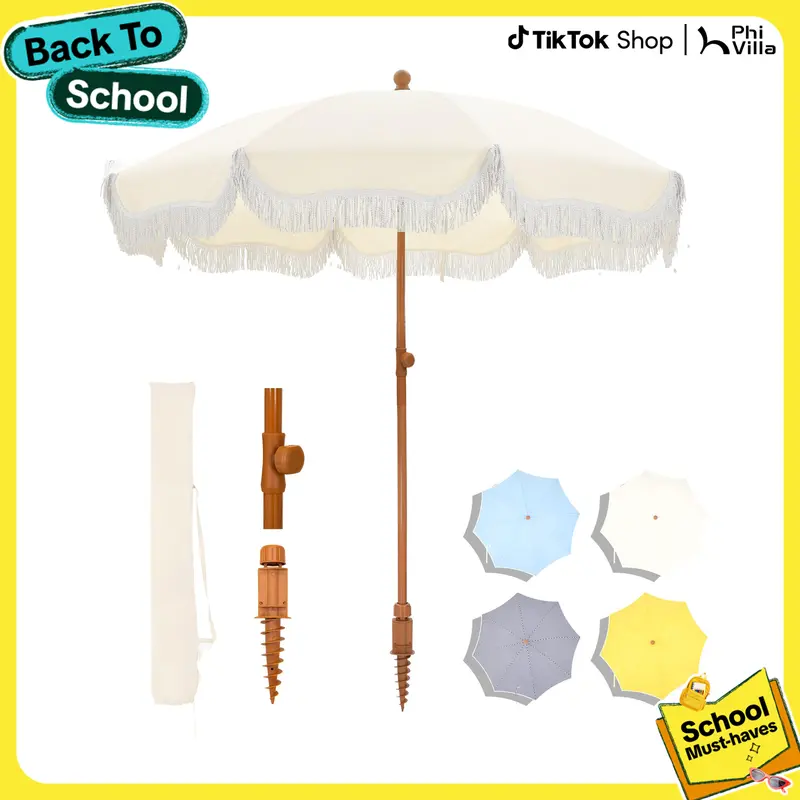 PHIVILLA 7ft Patio Beach Umbrella with Fringe, UPF 50+ Canopy, 8 High Wind Proof Fiberglass Ribs, Fully Assembled, Carry Bag Available Outdoor Aesthetic Round,TikTokShopBackToSchool