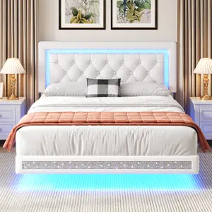 MRAEER Floating Diamond Bed Frame with LED Lights, No Mattress, with Tufted Button Headboard, Wood Slat Support, No Box Spring Needed, Easy Assembly